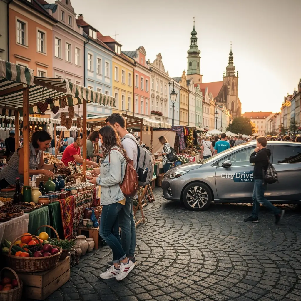 Pohled na historické město z okna pronajatého vozidla.