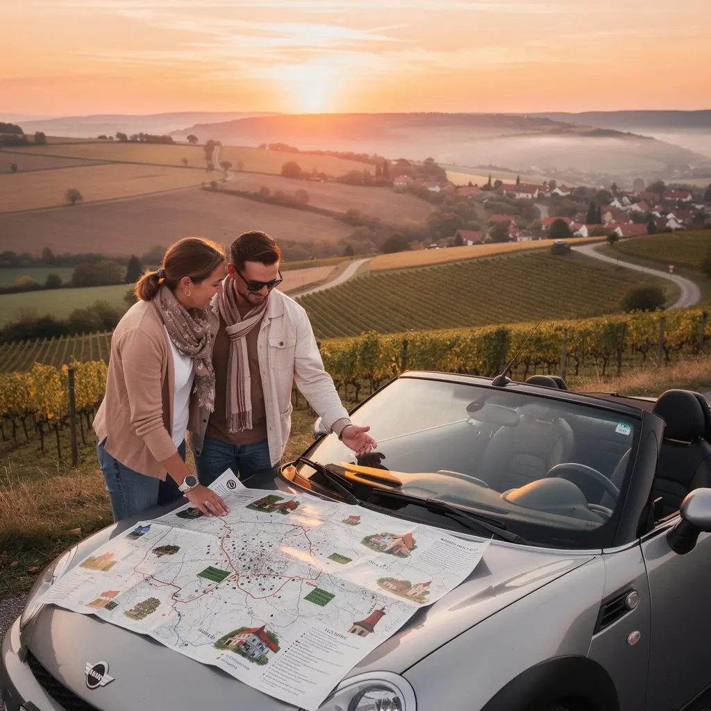 Skupina turistů plánující trasu s mapou na venkově.