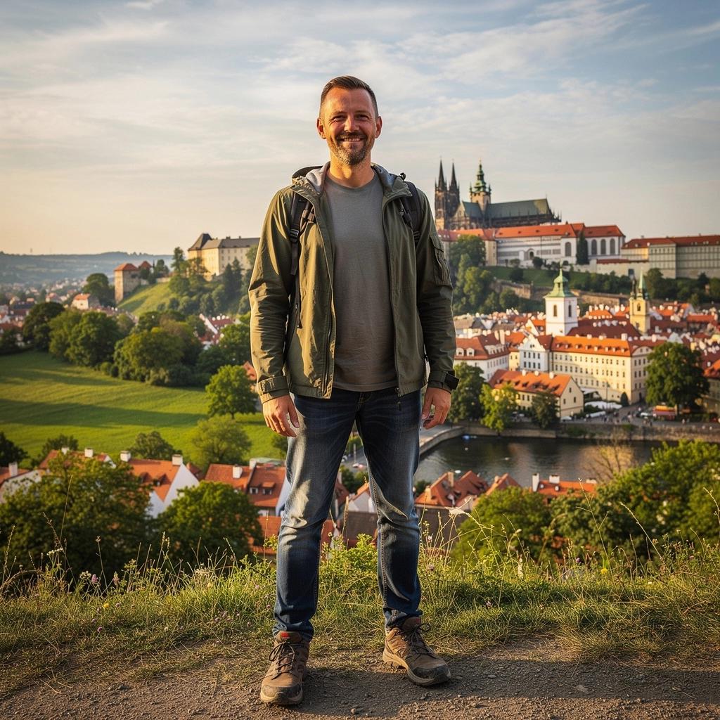 Rodina se baví při cestování autem po českých silnicích.